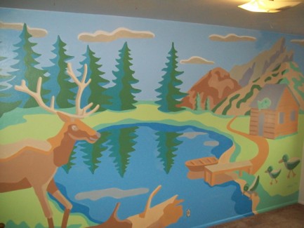 Mural of an elk by a lake
