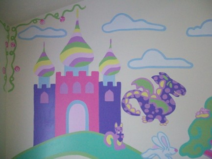 A castle with a dragon flying next to it.