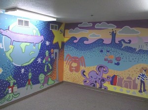 Space and beach scene in mural